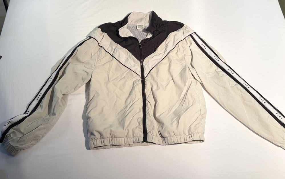 Victoria Secret PINK Beige Black Windbreaker Jacket Size XS S